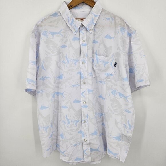 New Huk Kona Ocean Palm Shirt Mens S White Fish Print Short Sleeve Button Front - Picture 2 of 7